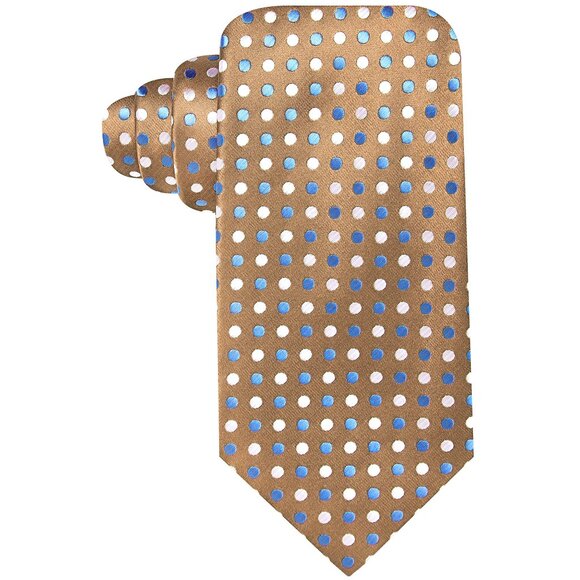 GEOFFREY BEENE Taupe Blue Confetti Polka Dot Polyester Silk Blend Classic Tie - Picture 1 of 3